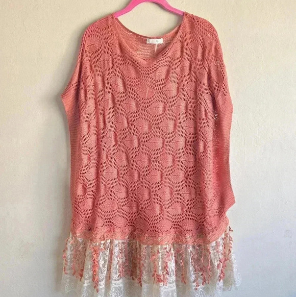 Ryu oversized boho style coral knit beach coverup tunic poncho top - Picture 10 of 11